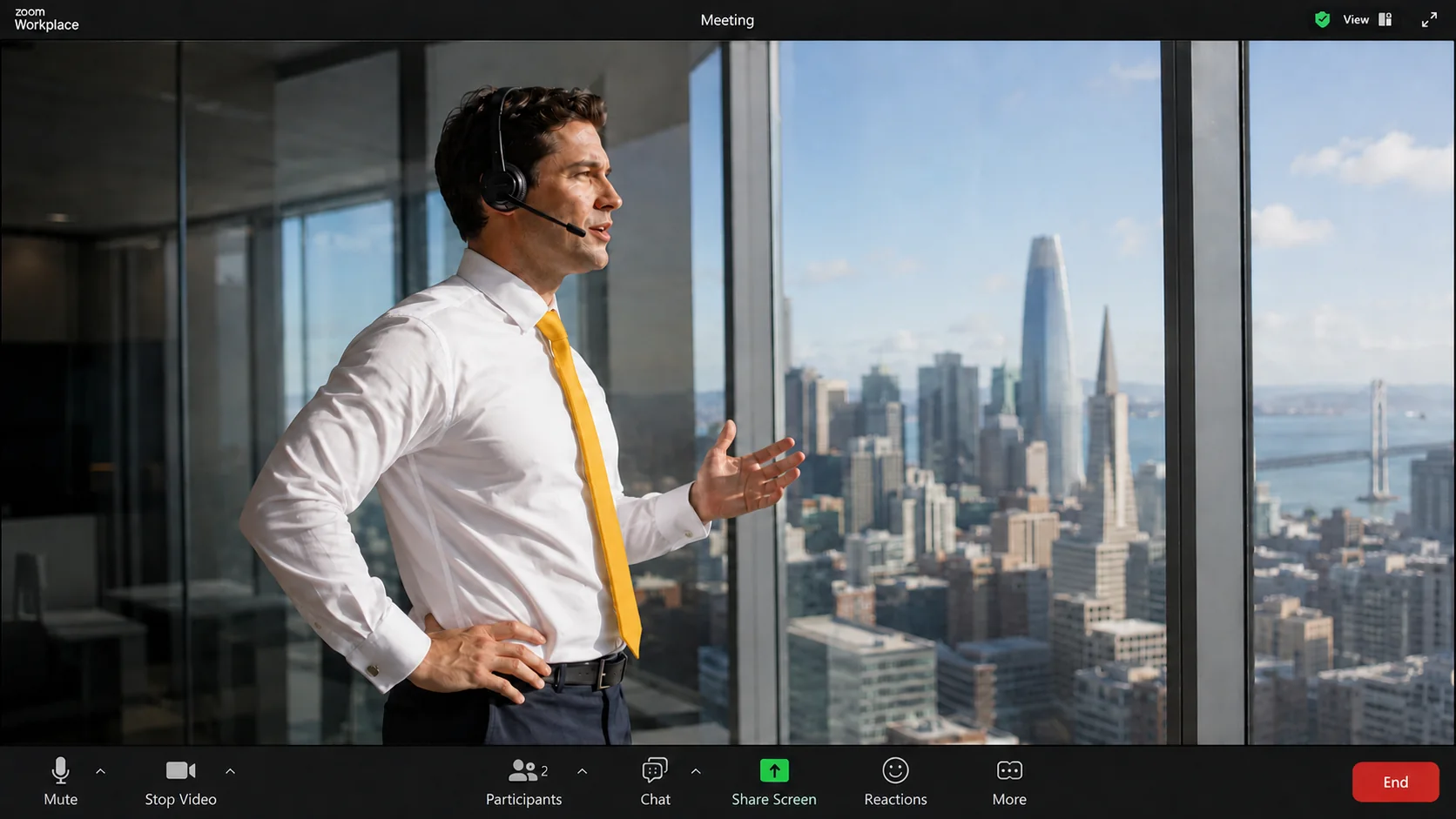 A sales rep on a Zoom call in a sunlit San Francisco high-rise, with STUDIO's holographic diagnosis layered live over the frame: a Call Score of 84 gauge and per-skill signals cycling across the customer lifecycle.